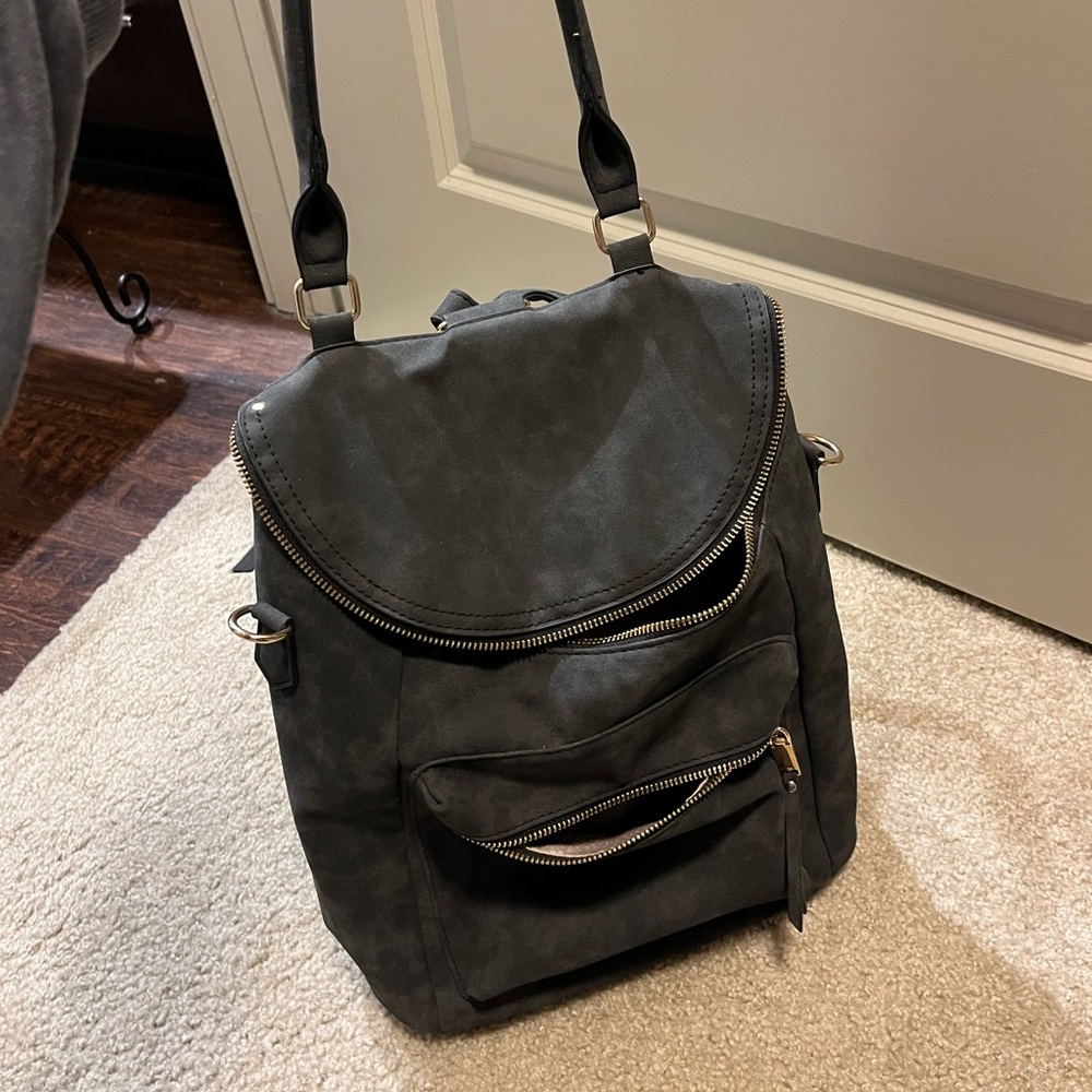 Charcoal Faux Suede Backpack/ purse